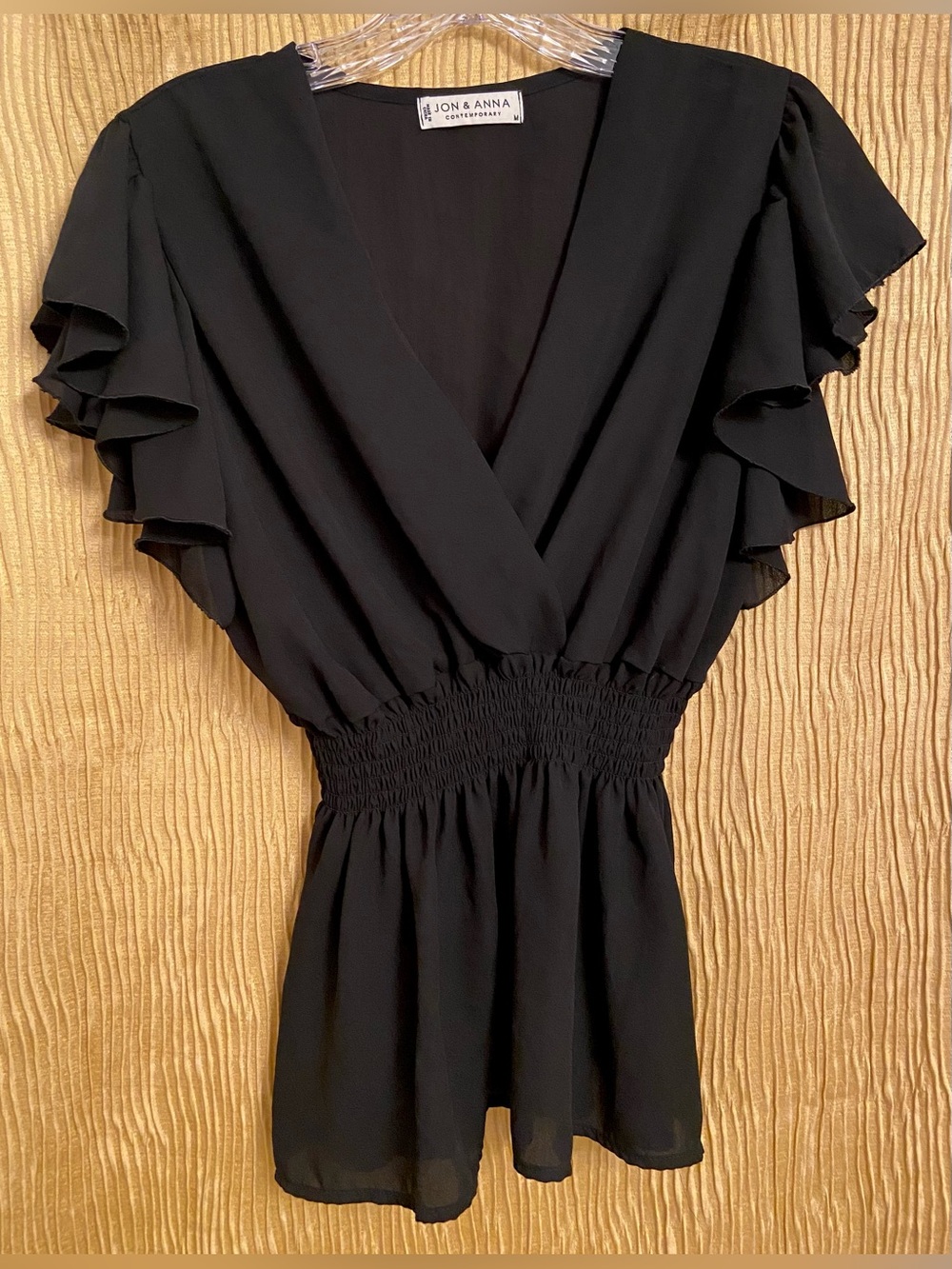 Jon & Anna Black V-Neck Ruffle Sleeve Smocked Waist Top